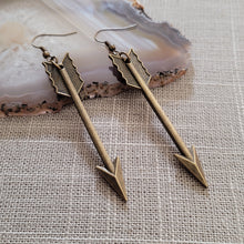 Load image into Gallery viewer, Bronze Arrow Earrings, Long Dangle Drop Earrings, Bohemian Jewelry