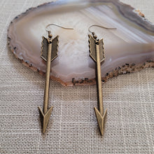Load image into Gallery viewer, Bronze Arrow Earrings, Long Dangle Drop Earrings, Bohemian Jewelry