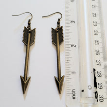 Load image into Gallery viewer, Bronze Arrow Earrings, Long Dangle Drop Earrings, Bohemian Jewelry