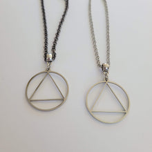 Load image into Gallery viewer, Alcoholics Anonymous AA Necklace, Your Choice of Gunmetal or Silver Rolo Chain