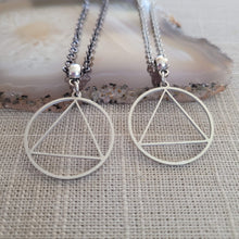 Load image into Gallery viewer, Alcoholics Anonymous AA Necklace, Your Choice of Gunmetal or Silver Rolo Chain