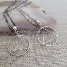 Load image into Gallery viewer, Alcoholics Anonymous AA Necklace, Your Choice of Gunmetal or Silver Rolo Chain