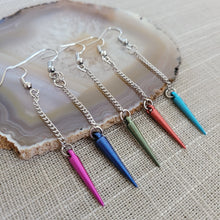 Load image into Gallery viewer, Spike Earrings, Your Choice of Five Colors, Silver Earrings, Dangle Earrings, Long Earrings, Chain Earrings