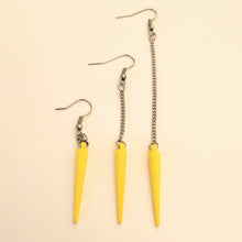 Load image into Gallery viewer, Yellow or Blue Spike Earrings, Your Choice of Four Colors,  Long Silver Dangle Chain Earrings