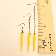 Load image into Gallery viewer, Yellow or Blue Spike Earrings, Your Choice of Four Colors,  Long Silver Dangle Chain Earrings