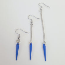 Load image into Gallery viewer, Yellow or Blue Spike Earrings, Your Choice of Four Colors,  Long Silver Dangle Chain Earrings