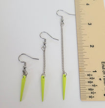 Load image into Gallery viewer, Yellow or Blue Spike Earrings, Your Choice of Four Colors,  Long Silver Dangle Chain Earrings