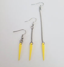 Load image into Gallery viewer, Yellow or Blue Spike Earrings, Your Choice of Four Colors,  Long Silver Dangle Chain Earrings