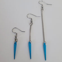 Load image into Gallery viewer, Yellow or Blue Spike Earrings, Your Choice of Four Colors,  Long Silver Dangle Chain Earrings