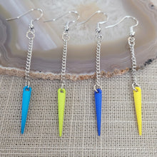 Load image into Gallery viewer, Yellow or Blue Spike Earrings, Your Choice of Four Colors,  Long Silver Dangle Chain Earrings