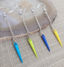 Load image into Gallery viewer, Yellow or Blue Spike Earrings, Your Choice of Four Colors,  Long Silver Dangle Chain Earrings