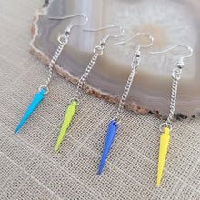 Load image into Gallery viewer, Yellow or Blue Spike Earrings, Your Choice of Four Colors,  Long Silver Dangle Chain Earrings