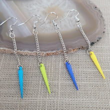 Load image into Gallery viewer, Yellow or Blue Spike Earrings, Your Choice of Four Colors,  Long Silver Dangle Chain Earrings
