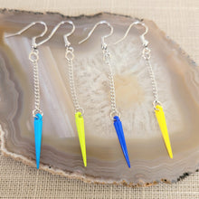 Load image into Gallery viewer, Yellow or Blue Spike Earrings, Your Choice of Four Colors,  Long Silver Dangle Chain Earrings