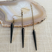 Load image into Gallery viewer, Black Spike Earrings, Long Dangle Earrings with Bronze Curb Chain