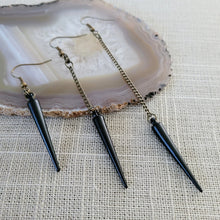 Load image into Gallery viewer, Black Spike Earrings, Long Dangle Earrings with Bronze Curb Chain