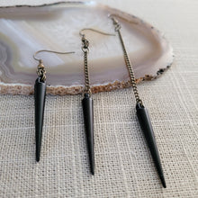 Load image into Gallery viewer, Black Spike Earrings, Long Dangle Earrings with Bronze Curb Chain