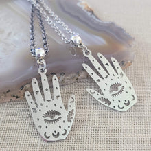 Load image into Gallery viewer, Hamsa Hand Necklace, Your Choice of Gunmetal or Silver Rolo Chain