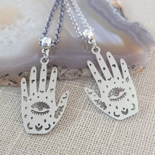 Load image into Gallery viewer, Hamsa Hand Necklace, Your Choice of Gunmetal or Silver Rolo Chain