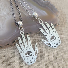 Load image into Gallery viewer, Hamsa Hand Necklace, Your Choice of Gunmetal or Silver Rolo Chain