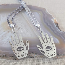 Load image into Gallery viewer, Hamsa Hand Necklace, Your Choice of Gunmetal or Silver Rolo Chain