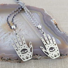 Load image into Gallery viewer, Hamsa Hand Necklace, Your Choice of Gunmetal or Silver Rolo Chain