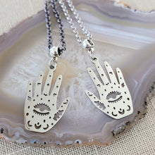 Load image into Gallery viewer, Hamsa Hand Necklace, Your Choice of Gunmetal or Silver Rolo Chain
