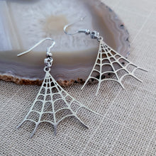 Load image into Gallery viewer, Spiderweb Earrings - Silver Halloween Dangle Drop Earrings
