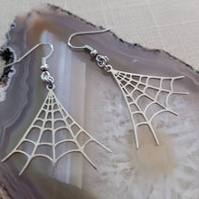 Load image into Gallery viewer, Spiderweb Earrings - Silver Halloween Dangle Drop Earrings