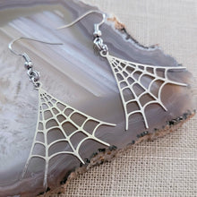 Load image into Gallery viewer, Spiderweb Earrings - Silver Halloween Dangle Drop Earrings
