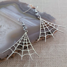 Load image into Gallery viewer, Spiderweb Earrings - Silver Halloween Dangle Drop Earrings