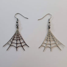 Load image into Gallery viewer, Spiderweb Earrings - Silver Halloween Dangle Drop Earrings