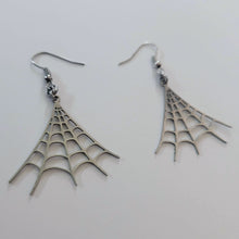 Load image into Gallery viewer, Spiderweb Earrings - Silver Halloween Dangle Drop Earrings