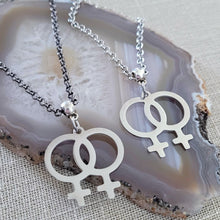 Load image into Gallery viewer, Lesbian Necklace, Sapphic LGBTQIA Jewelry on Your Choice of Rolo Chain