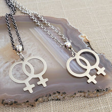 Load image into Gallery viewer, Lesbian Necklace, Sapphic LGBTQIA Jewelry on Your Choice of Rolo Chain