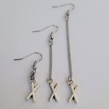Load image into Gallery viewer, X Earrings, Your Choice of Three Lengths, Long Dangle Chain Drop, Letter X Jewelry