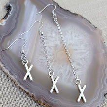 Load image into Gallery viewer, X Earrings, Your Choice of Three Lengths, Long Dangle Chain Drop, Letter X Jewelry
