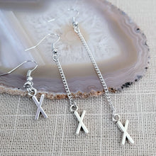 Load image into Gallery viewer, X Earrings, Your Choice of Three Lengths, Long Dangle Chain Drop, Letter X Jewelry