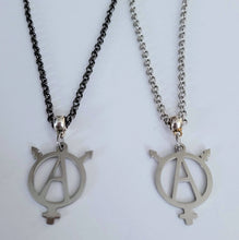 Load image into Gallery viewer, Transgender Anarchist Necklace, Your Choice of Gunmetal or Silver Rolo Chain, Non Binary Trans Awareness Jewelry