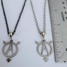 Load image into Gallery viewer, Transgender Anarchist Necklace, Your Choice of Gunmetal or Silver Rolo Chain, Non Binary Trans Awareness Jewelry