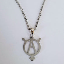 Load image into Gallery viewer, Transgender Anarchist Necklace, Your Choice of Gunmetal or Silver Rolo Chain, Non Binary Trans Awareness Jewelry