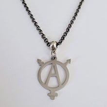 Load image into Gallery viewer, Transgender Anarchist Necklace, Your Choice of Gunmetal or Silver Rolo Chain, Non Binary Trans Awareness Jewelry