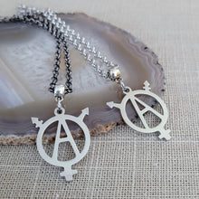 Load image into Gallery viewer, Transgender Anarchist Necklace, Your Choice of Gunmetal or Silver Rolo Chain, Non Binary Trans Awareness Jewelry