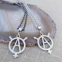 Load image into Gallery viewer, Transgender Anarchist Necklace, Your Choice of Gunmetal or Silver Rolo Chain, Non Binary Trans Awareness Jewelry