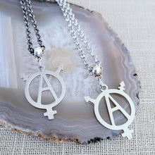 Load image into Gallery viewer, Transgender Anarchist Necklace, Your Choice of Gunmetal or Silver Rolo Chain, Non Binary Trans Awareness Jewelry
