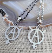 Load image into Gallery viewer, Transgender Anarchist Necklace, Your Choice of Gunmetal or Silver Rolo Chain, Non Binary Trans Awareness Jewelry