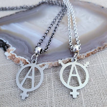 Load image into Gallery viewer, Transgender Anarchist Necklace, Your Choice of Gunmetal or Silver Rolo Chain, Non Binary Trans Awareness Jewelry