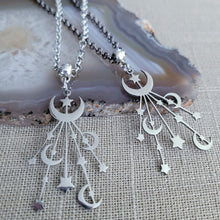 Load image into Gallery viewer, Celestial Moon and Stars Necklace, Your Choice of Gunmetal or Silver Rolo Chain