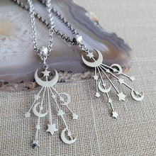 Load image into Gallery viewer, Celestial Moon and Stars Necklace, Your Choice of Gunmetal or Silver Rolo Chain