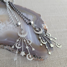 Load image into Gallery viewer, Celestial Moon and Stars Necklace, Your Choice of Gunmetal or Silver Rolo Chain
